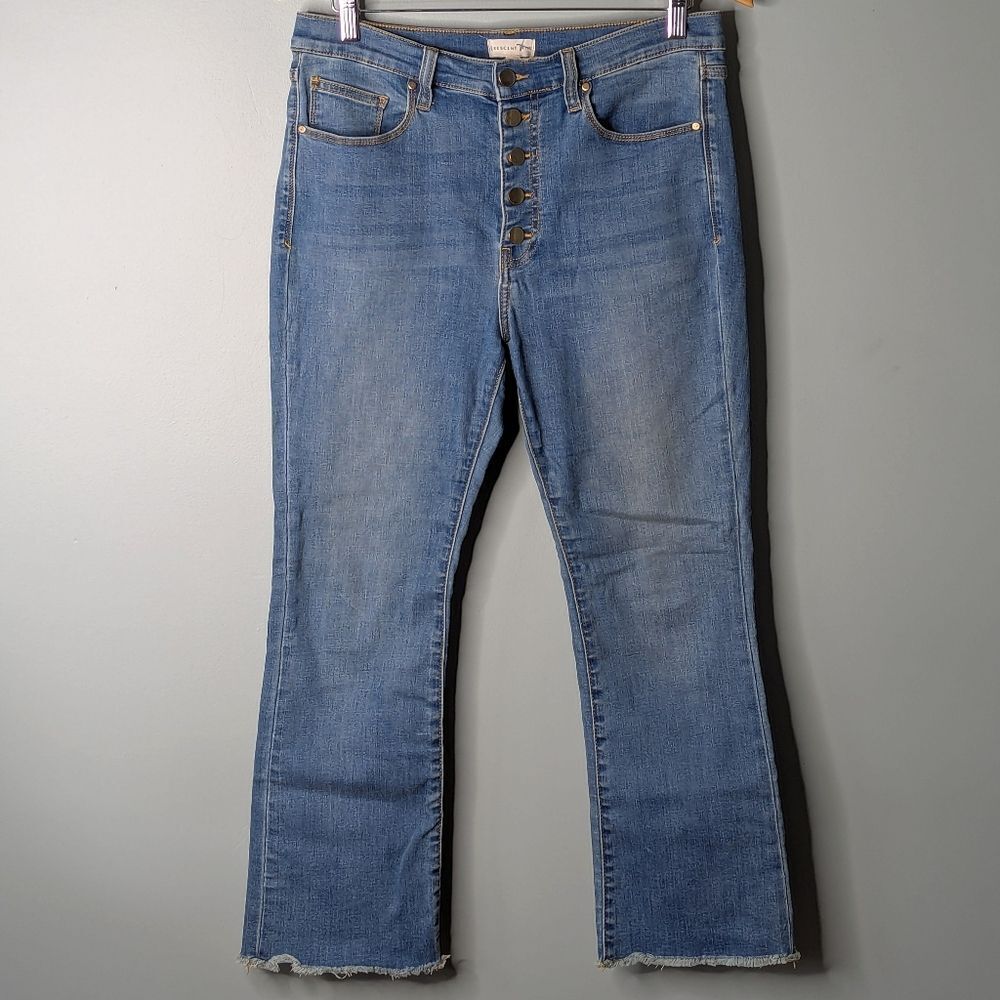 Crescent Drive Button Fly Cropped High Rise Raw Hem Stretch Jeans Size 32